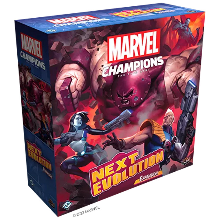 Board game box featuring game title and art of Cable and Domino fighting Juggernaut as he breaks through a wall.