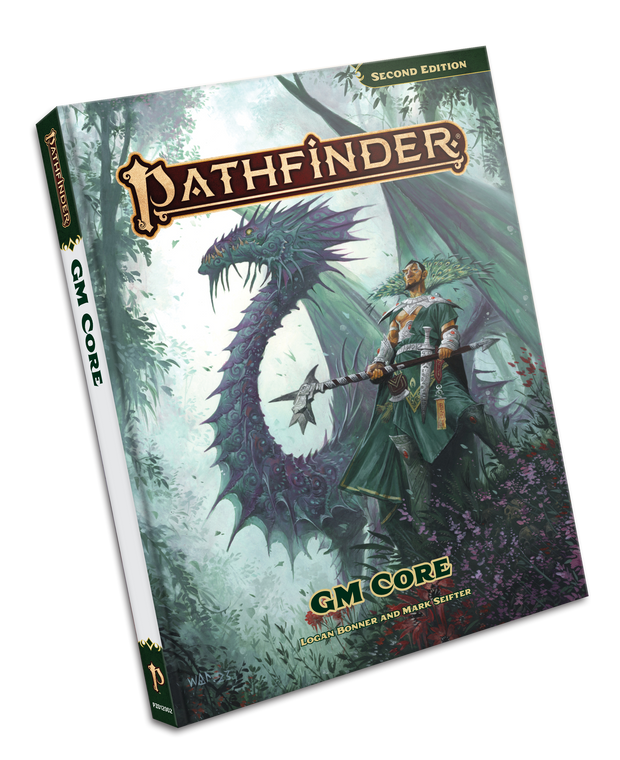 Pathfinder 2nd Edition GM Guide book featuring art of a man wielding a halberd with a dragon behind him in a dense forest.