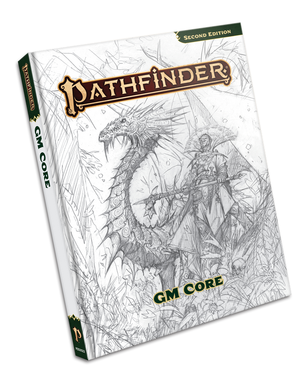 Pathfinder 2nd Edition GM Guide book featuring sketch art of a man wielding a halberd with a dragon behind him in a dense forest.