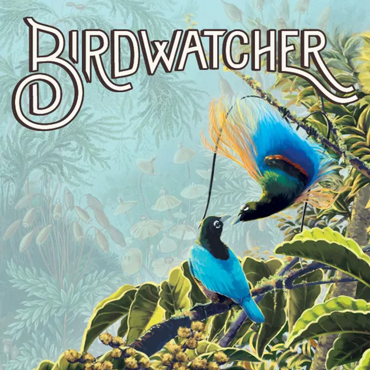 Board game box featuring game title and a depiction of two exotic birds sitting on a tree branch with various jungle foliage in the background.