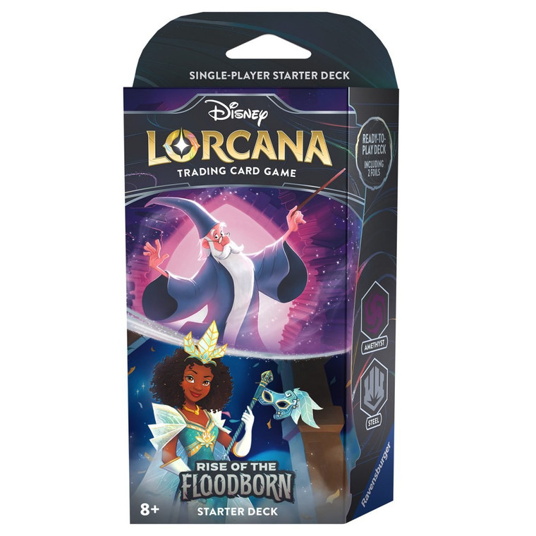 Card game box featuring art of Merlin and Tiana from the Rise of the Floodborn set. On the right side of the box are the two ink colors included in the deck.