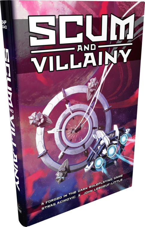 An RPG book titled "Scum and Villainy" in large, white, futuristic letters at the top of the cover.  The art below depicts a scene in space bathed in purples and pinks.  In the distance looms a large, ringed planet, and in the foreground is a ringed space station with four angular faces sporting glowing blue eyes on the outermost ring.  Closest to the audience is a tri-engine spaceship with blue light trails headed toward the station.