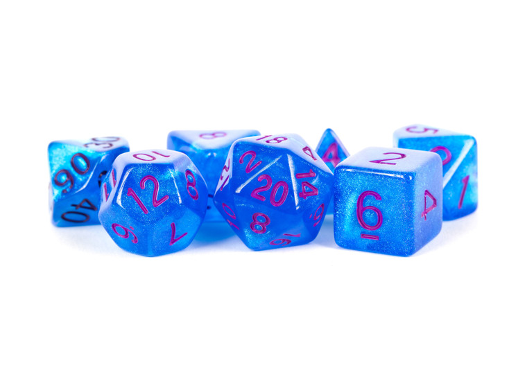 Metallic Dice Games - 7 Set RPG Dice - Acrylic - Stardust Blue with Purple Numbers