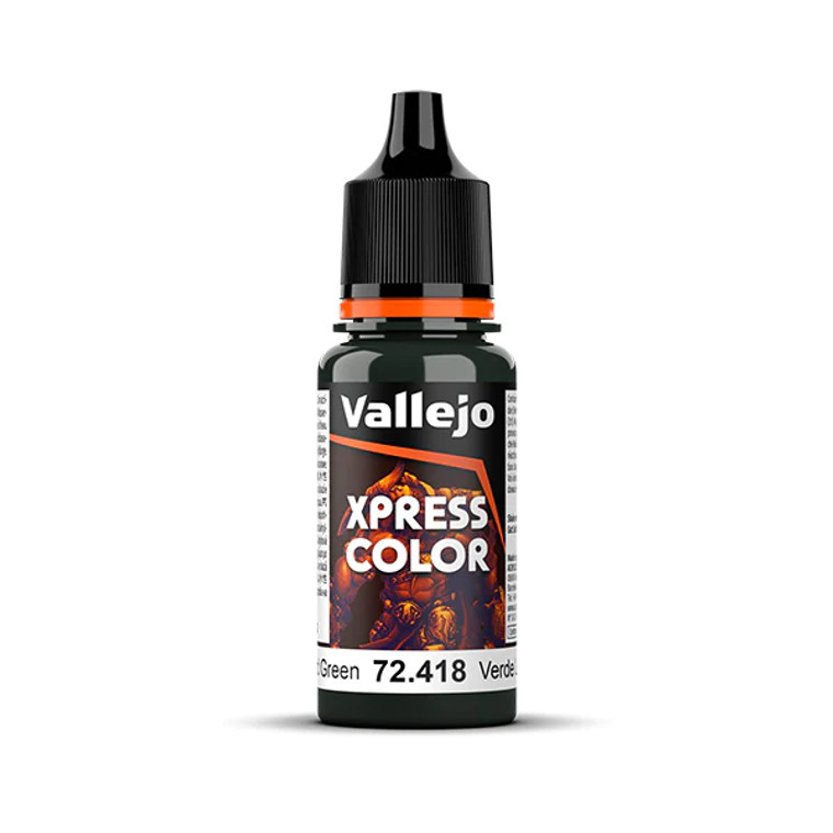 Vallejo Game Color paint bottle with product name and an image of a demon in the background. The Xpress Color - Lizard Green color of the paint is visible in the clear plastic sections.