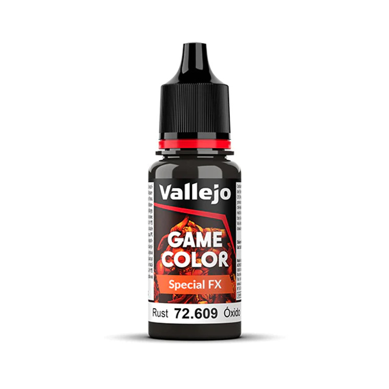 Vallejo Game Color paint bottle with product name and an image of a demon in the background. The Special FX - Rust and Lichen color of the paint is visible in the clear plastic sections.