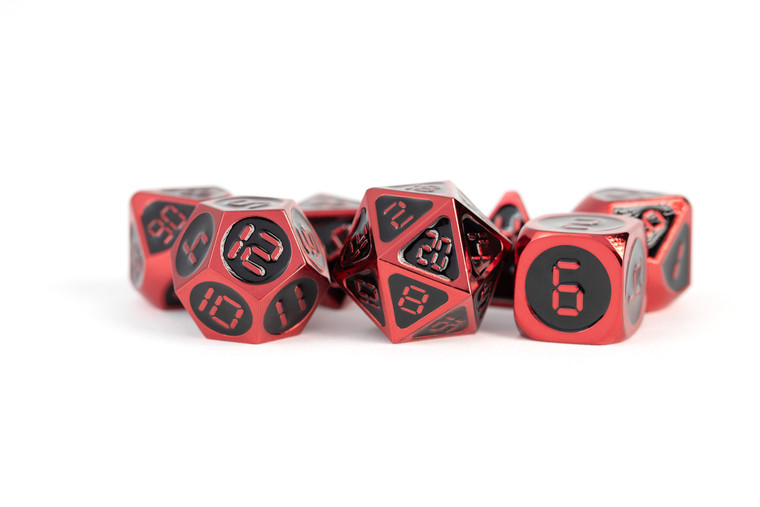Metallic Dice Games - 7 Set RPG Dice - Metal - Red with Black Enamel