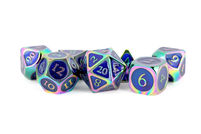 Metallic Dice Games - 7 Set RPG Dice - Metal - Rainbow with Blue Enamel