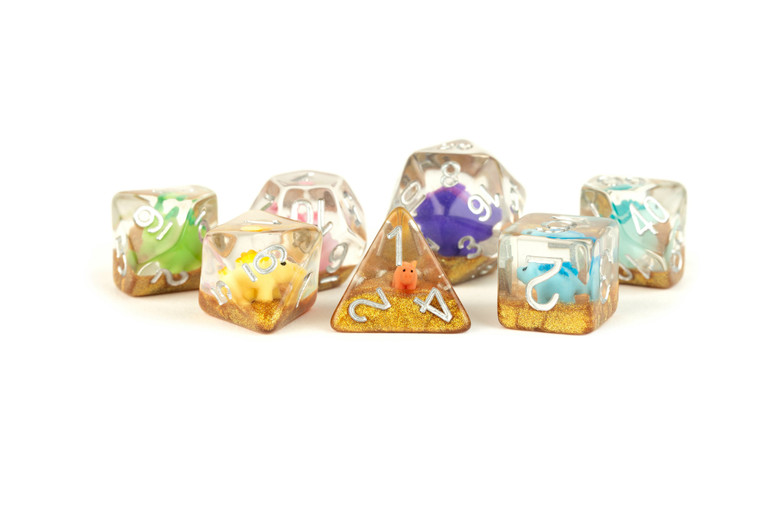 Metallic Dice Games - 7 Set RPG Dice - Resin - Rainbow Dinosaur