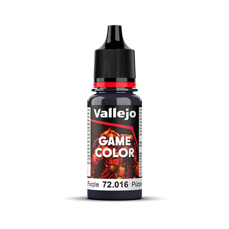 Vallejo Game Color paint bottle with product name and an image of a demon in the background. The Royal Purple color of the paint is visible in the clear plastic sections.
