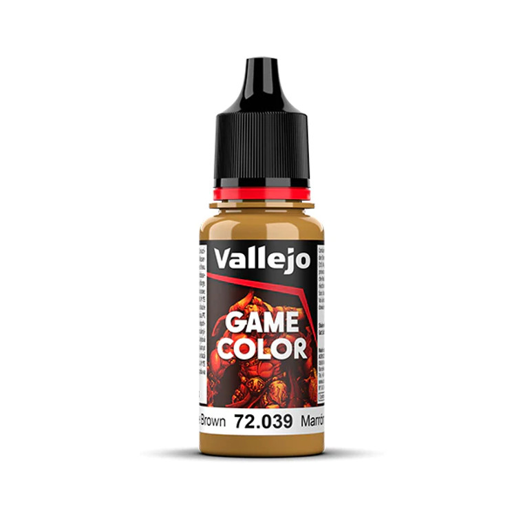 Vallejo Game Color paint bottle with product name and an image of a demon in the background. The Plague Brown color of the paint is visible in the clear plastic sections.