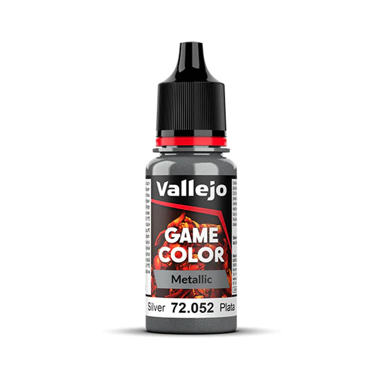 Vallejo Game Color paint bottle with product name and an image of a demon in the background. The Metalic - Silver color of the paint is visible in the clear plastic sections.