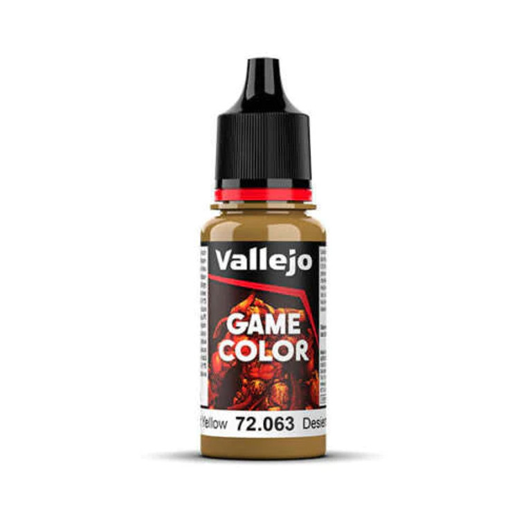 Vallejo Game Color paint bottle with product name and an image of a demon in the background. The desert yellow color of the paint is visible in the clear plastic sections.