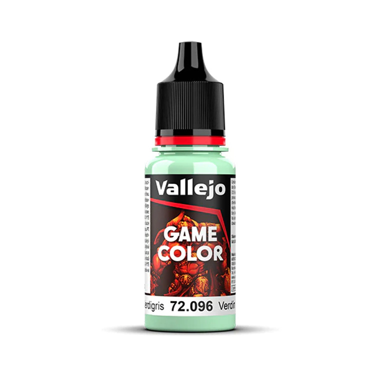 Vallejo Game Color paint bottle with product name and an image of a demon in the background. The verdigris color of the paint is visible in the clear plastic sections.