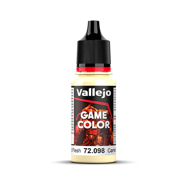 Vallejo Game Color paint bottle with product name and an image of a demon in the background. The elfic flesh color of the paint is visible in the clear plastic sections.