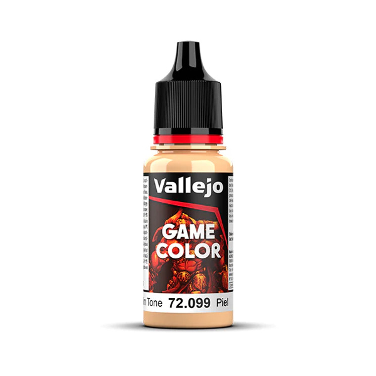 Vallejo Game Color paint bottle with product name and an image of a demon in the background. The skin tone color of the paint is visible in the clear plastic sections.