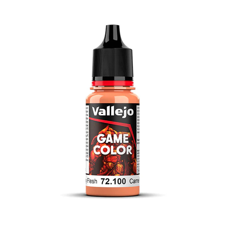 Vallejo Game Color paint bottle with product name and an image of a demon in the background. The rosy flesh color of the paint is visible in the clear plastic sections.