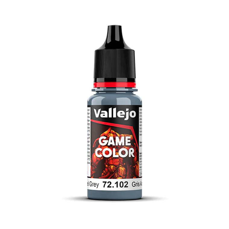 Vallejo Game Color paint bottle with product name and an image of a demon in the background. The steel grey color of the paint is visible in the clear plastic sections.
