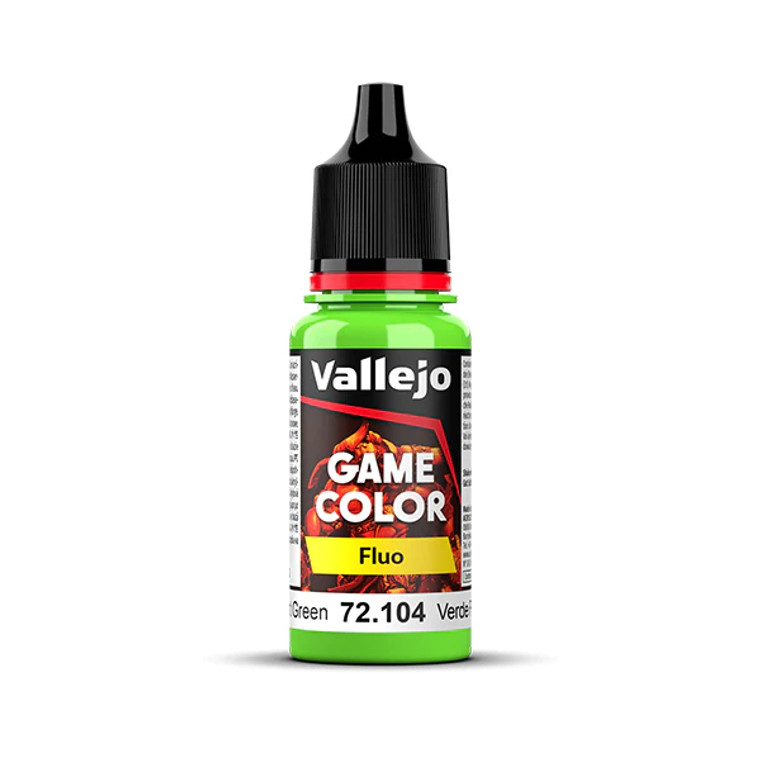 Vallejo Game Color paint bottle with product name and an image of a demon in the background. The Fluorescent Green color of the paint is visible in the clear plastic sections.