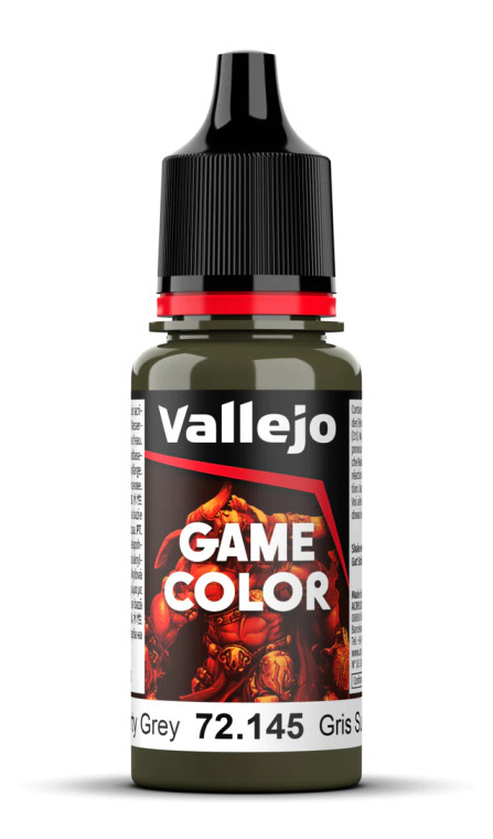 Vallejo Game Color paint bottle with product name and an image of a demon in the background. The dirty grey color of the paint is visible in the clear plastic sections.