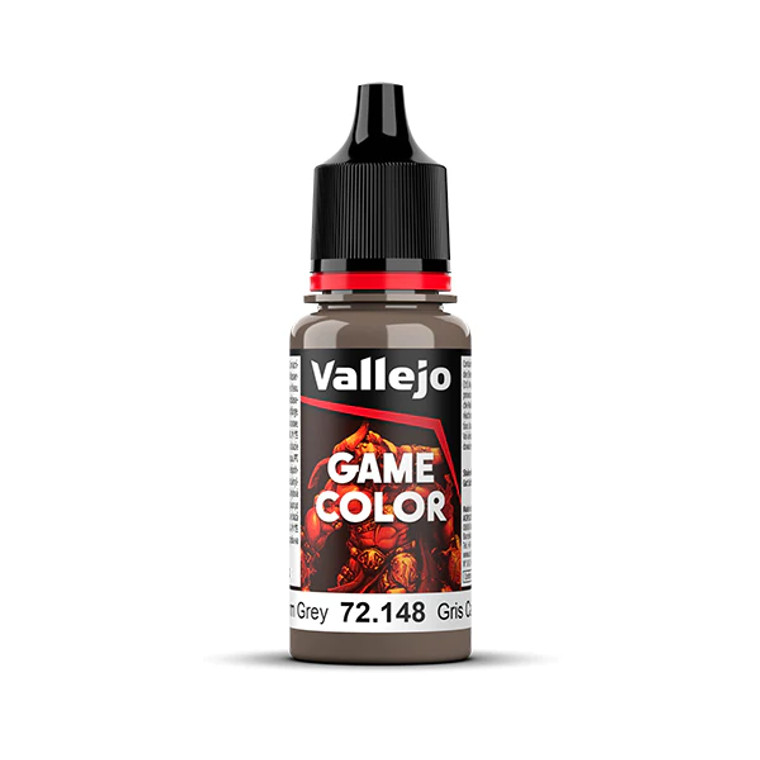 Vallejo Game Color paint bottle with product name and an image of a demon in the background. The warm grey color of the paint is visible in the clear plastic sections.