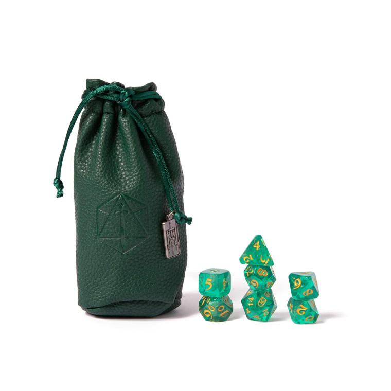 Dark green leather-like bag with an embossed Critical Role logo and a Mighty Nein charm. To the right of the bag are a set of 7 translucent green dice with wisps of shimmering green and gold numbering.