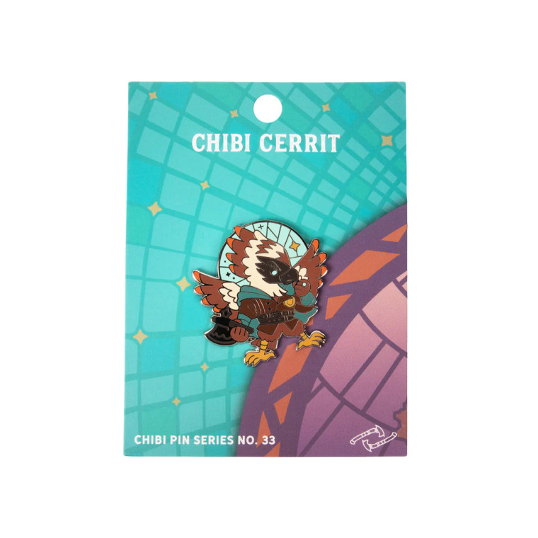 The Chibi Cerrit Argupnin pin placed on one section of the floating city of Avalir tableau. The pin features Cerrit with open wings wearing a brown cloak and gold badge.