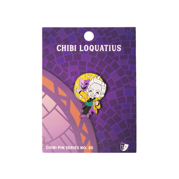The Chibi Loquatius Seelie pin placed on one section of the floating city of Avalir tableau. The pin features Loquatious in his iconic gold and purple jacket wielding a microphone-shaped wand.