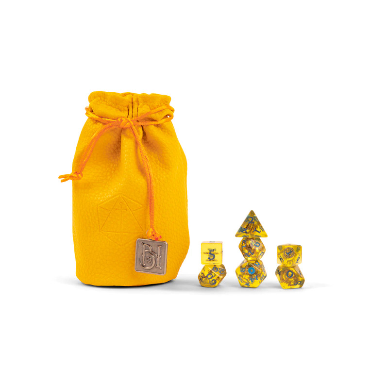 Yellow leather-like bag with an embossed Critical Role logo and a Bells Hells charm. To the right of the bag are a set of 7 translucent yellow dice with gears inside and blue metallic numbering.