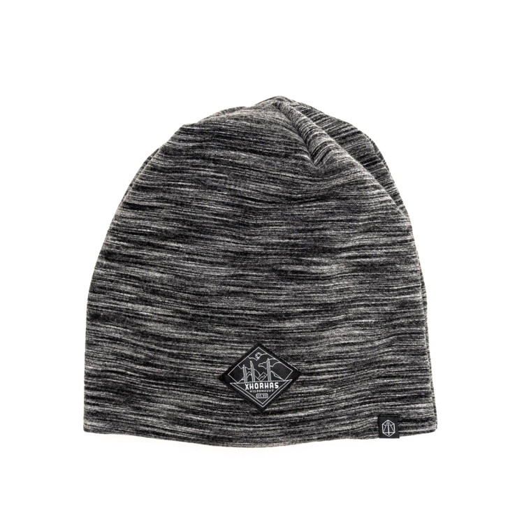A black, white, and grey beanie featuring a Xhorhas inspired diamond shaped patch and Critical Role logo.