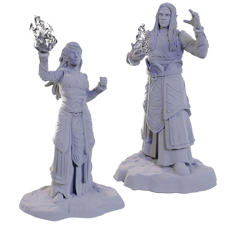 Two unpainted elf wizard miniatures on a white background. The miniature on the left is a female elf wizard and the miniature on the right is a male elf wizard.