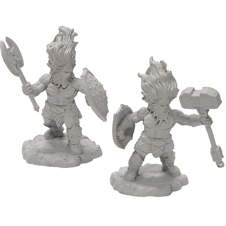 Two unpainted Azer Warrior miniatures on a white background. The miniature on the left is wielding an axe/shield and the one on the right is wielding a hammer/shield.