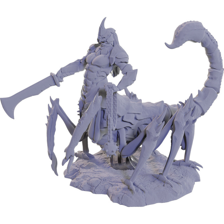 An unpainted Tlincalli miniature wielding a sword and a spiked ball on a chain.