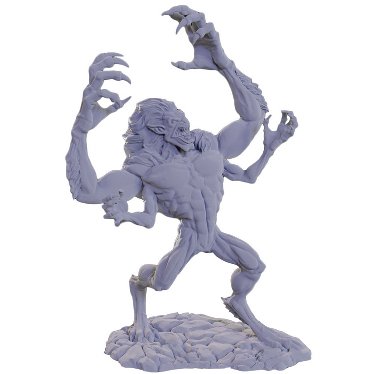 An unpainted Dragloth miniature on a white background with it's arms raised in the air.