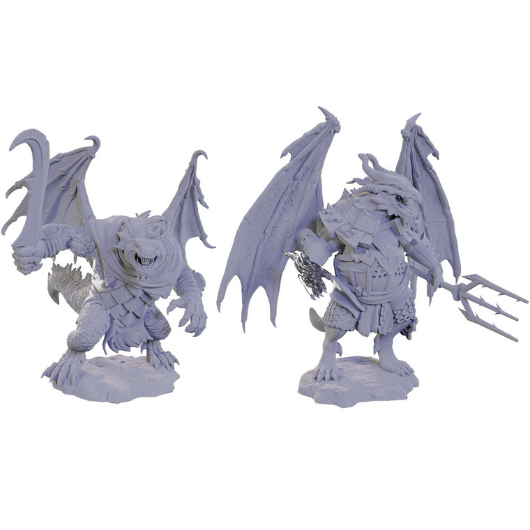 Two unpainted Draconian miniatures on a white background. The miniature on the left is wielding a curved sword while the miniature on the right is wielding a trident.