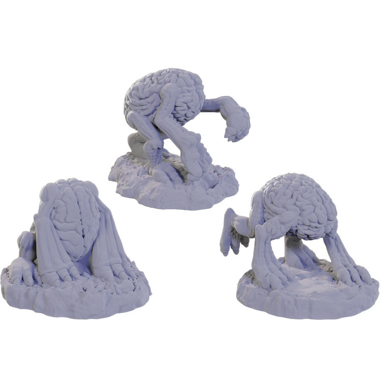 Three unpainted Intellect Devourer miniatures on a white background. The three miniatures are in various states of movement.