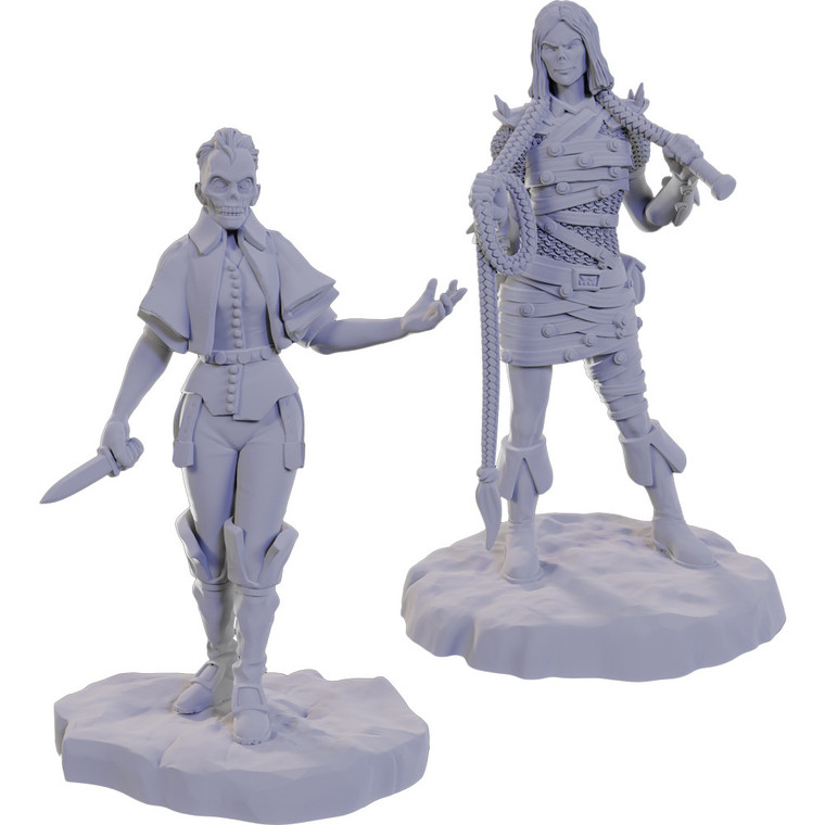 An unpainted Urdefhan Lasher and Death Scout miniature standing on a slightly uneven surface.
