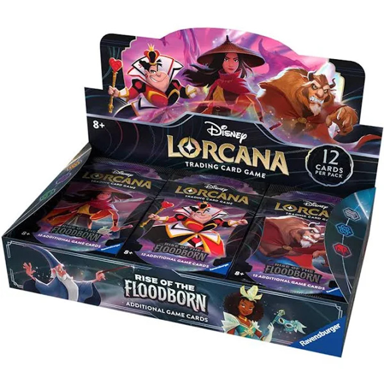 A Disney Lorcana: Rise of the Floodborn Booster Display box featuring The Queen of Hearts, Raya, and Beast.