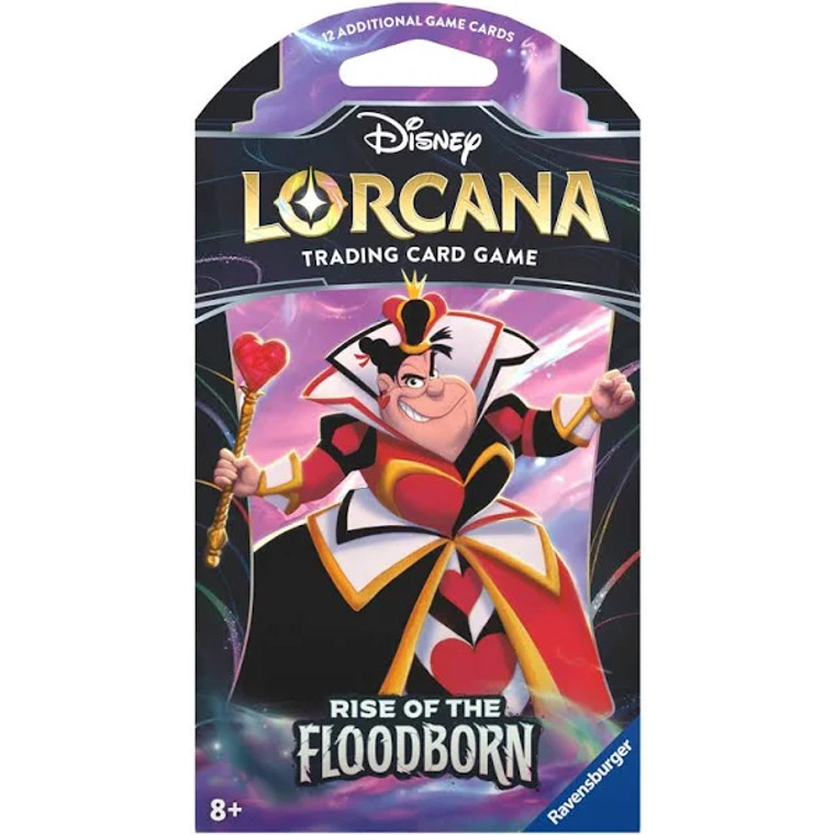 A Lorcana Rise of the Floodborn sleeved booster pack depicting the Queen of Hearts