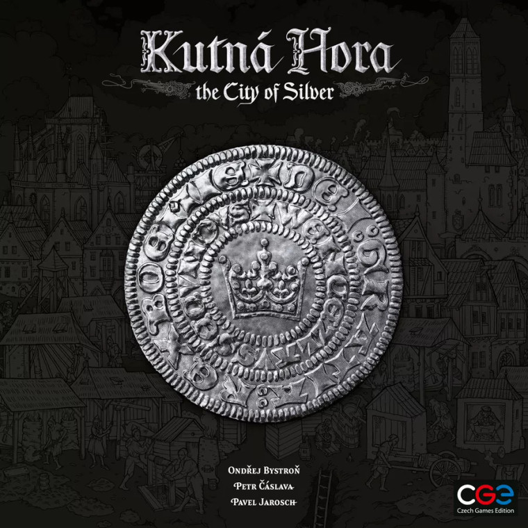 Board game box featuring game title and a Large silver coin on a black background. The background depicts the bustling city of Kutna Hora in black.