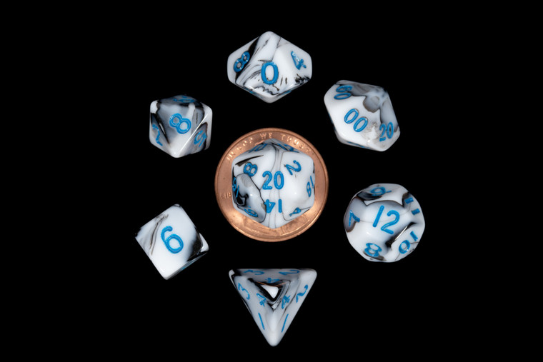 Metallic Dice Games - 7 Set RPG Dice - Acrylic - Mini Marble with Blue Numbers