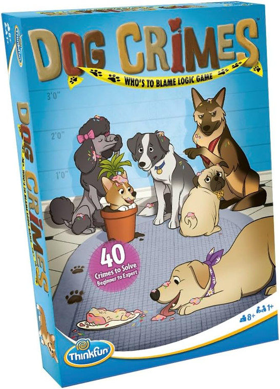 Board game box featuring game title and six cartoon dogs that look guilty posed before a police line up wall.