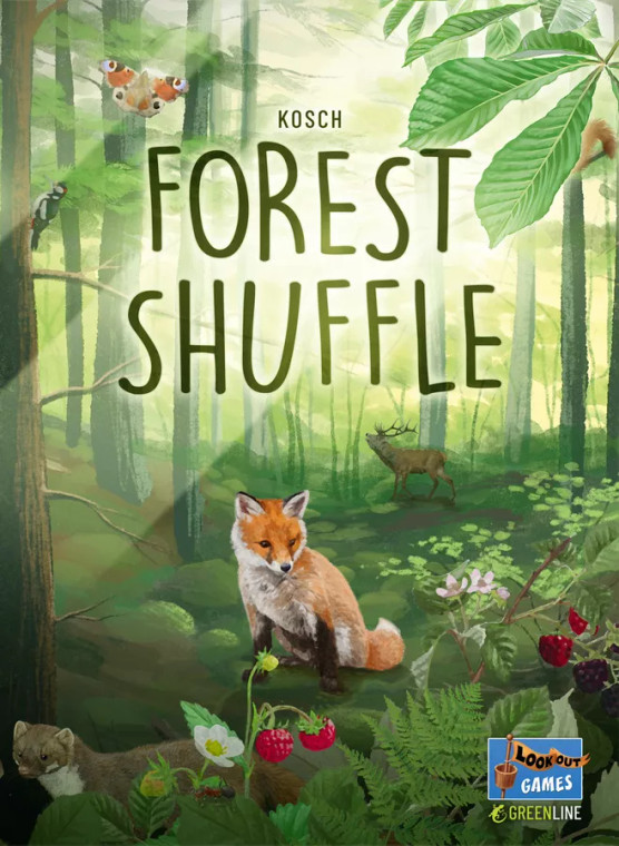 Board game box featuring game title and a lush green forest with various animals and berries.