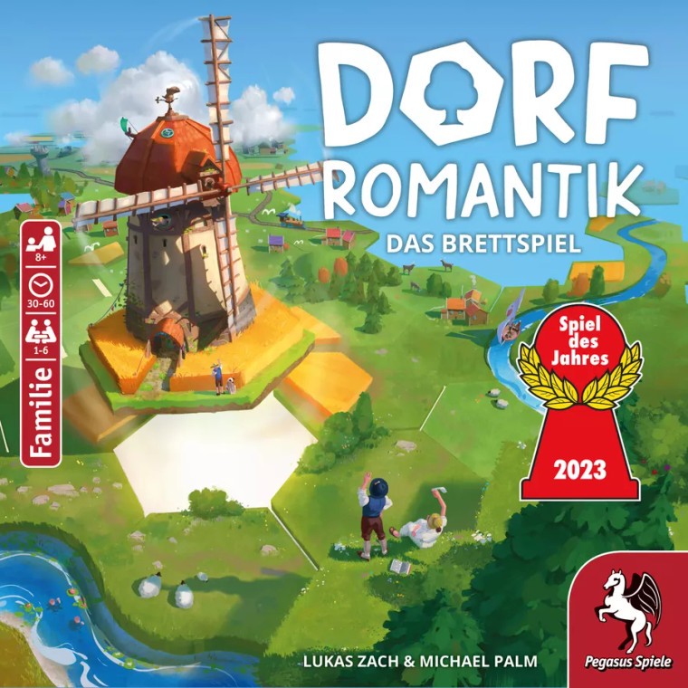 Board game box featuring game title and various hexagonal tiles being placed to create a quaint country side.
