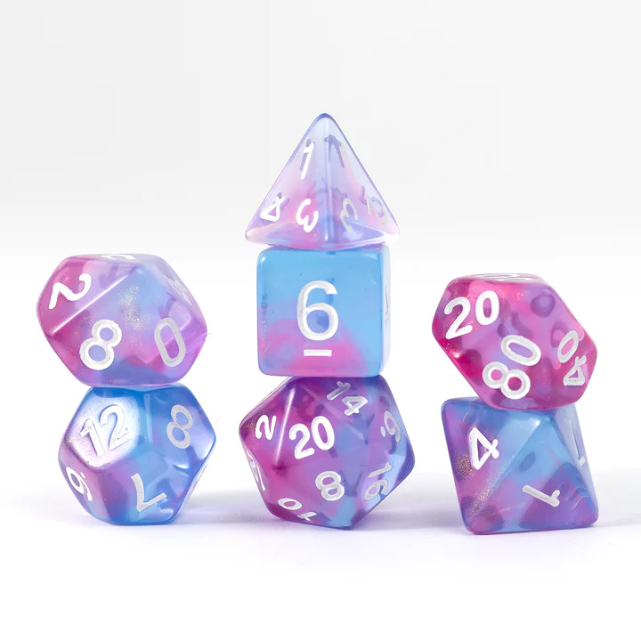 A set of 7 Sirius dice with blue and fuschia colors and an opalescent finish. Each die has white numbers.