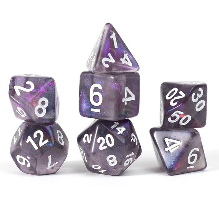 A set of 7 Sirius dice that mimic the colors of amethyst with white numbers.