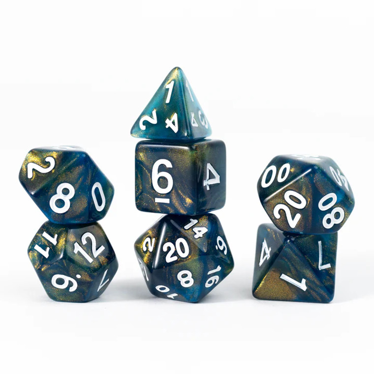 A set of 7 Sirius dice the mimic onyx with white numbers.