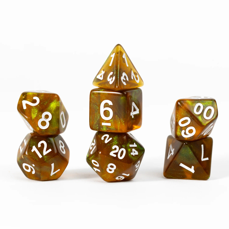 A set of 7 Sirius dice that mimic the look of peridot with silver numbers.