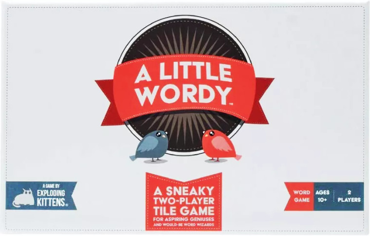 A board game titled "A Little Wordy" in white letters within a little red banner atop a black circle at the center of the primarily white cover.  Below this are two simply designed birds with round bodies: one blue, one red. They both have large, black eyes that glisten in a fashion that could either suggest incredible innocence, or the capacity for incredible violence.  It's always the birds with the most captivating eyes that'll getcha.