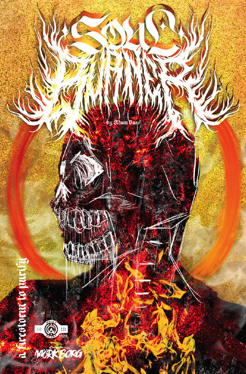 An RPG booklet titled "Soul Burner" in a white font reminiscent of black metal band's style of writing, including stylized letters drawn as if they were on fire.  The art below is very similar in its gritty, visually chaotic design.  The colors are primarily bloody reds, burnt yellow, and bright oranges.  Taking up most of the cover is a human profile silhouette done in a textured red and brown, atop which is a loose, scratchy skull with its spine running down the throat.  From the center on the sternum rises flames, clearly taken from a photograph and layered atop the traditionally drawn elements to create interesting contrast.  Around the head of the subject is a circle in orange like a distorted halo.