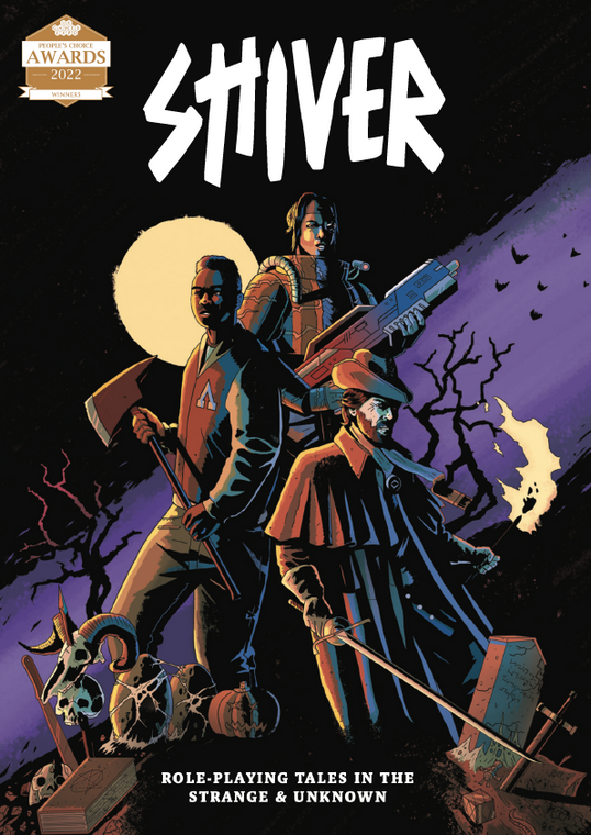 An RPG book titled "SHIVER" in white, scratchy, inconsistently sized lettering at the top of the cover.  The art below depicts a nighttime scene illuminated by a golden full moon in which three (seemingly) human figures stand around one another.  They are staggered from top to bottom, and are as follows: A tan-skinned person with dark, medium length straight hair held back in a bandana.  One of their eyes seems to be bionic, extending out in an elongated lens, and they are clad in a scrappy suit like the bottom half of an astronaut's garb, save for a shoulder laser on one side.  They hold a large, futuristic rifle.  The next person below them is darker skinned with short, dark, curly hair.  They wear a letterman jacket, khakis, and brandish a large fireman's axe.  The final figure is pale with brown hair tucked under a fedora and a matching short beard.  They wear an English great coat with a half cape across the shoulders and hold a rapier in one hand, the other  tightly gripping a blazing torch.  Across the background behind all three is a stripe of purple with bats flying through, and at the bottom of the cover is a scene in a graveyard.